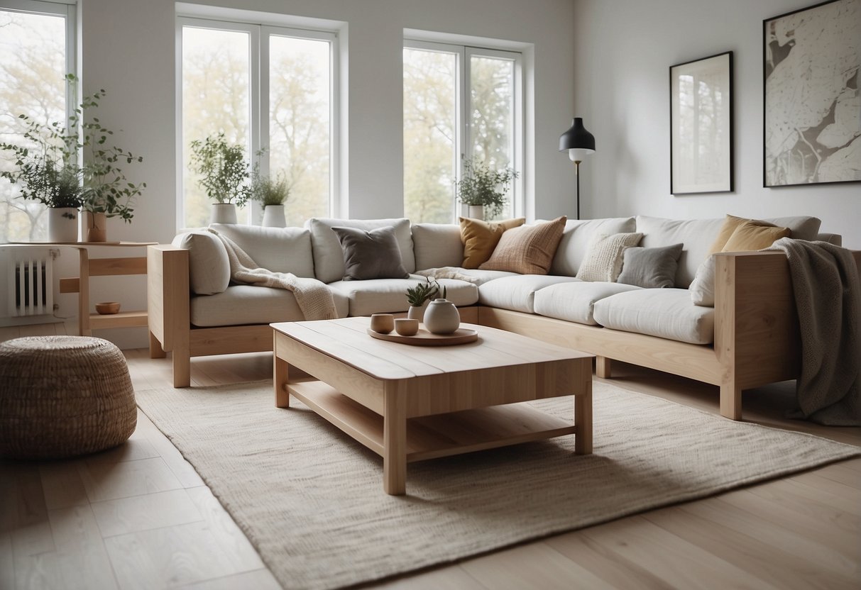 Clean lines, minimal furniture, natural light, and neutral colors create a serene Scandinavian interior. Wood and natural materials add warmth to the space