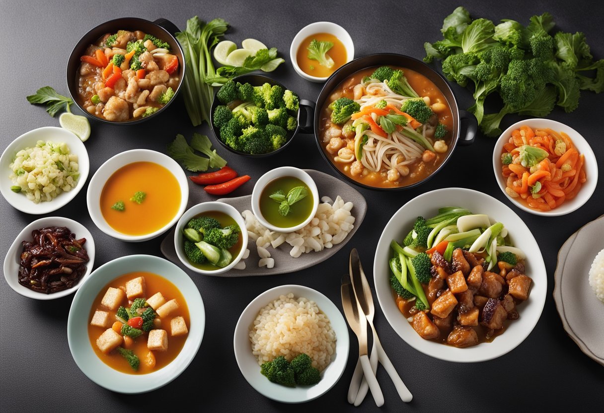 A table set with a variety of colorful and nutritious Chinese dishes, including soups, stir-fries, and steamed vegetables, with ingredients known to benefit cancer patients