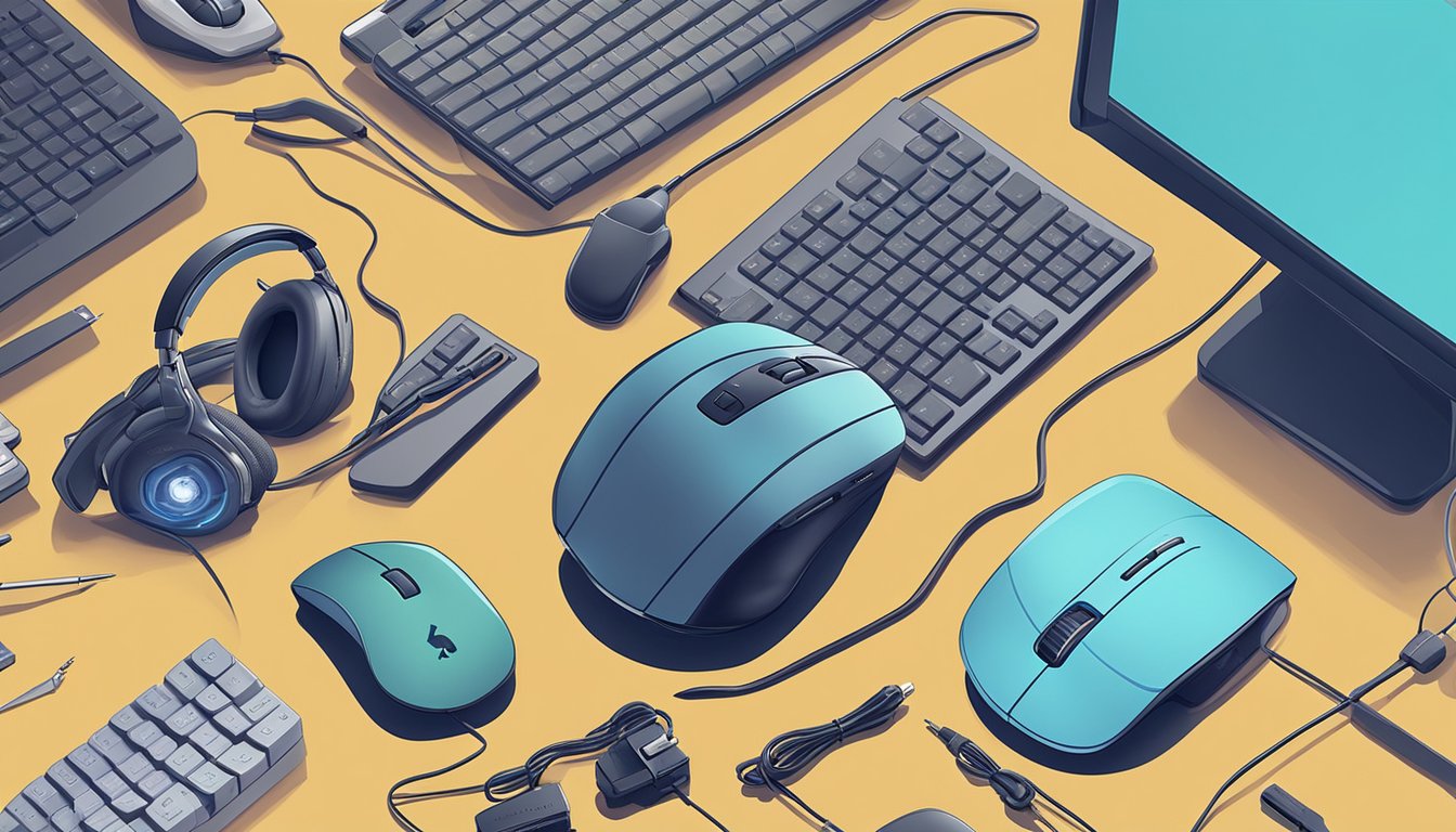 A computer mouse surrounded by gaming accessories on a desk in Singapore
