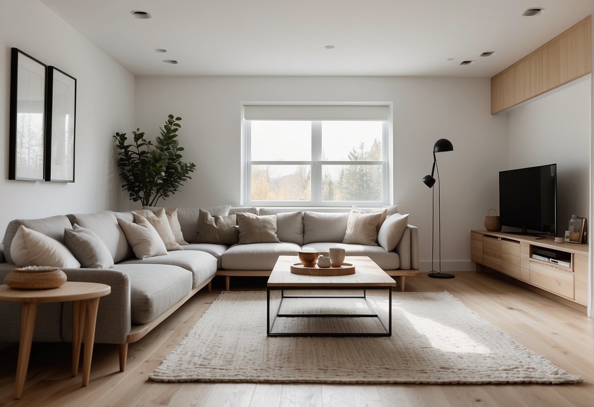 A minimalist living room with light wood floors, clean lines, neutral colors, and cozy textiles. A large window lets in natural light, and simple, functional furniture completes the space