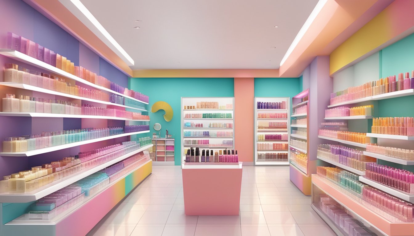 A display of Essence Cosmetics products at a Singapore store. Bright colors and sleek packaging catch the eye