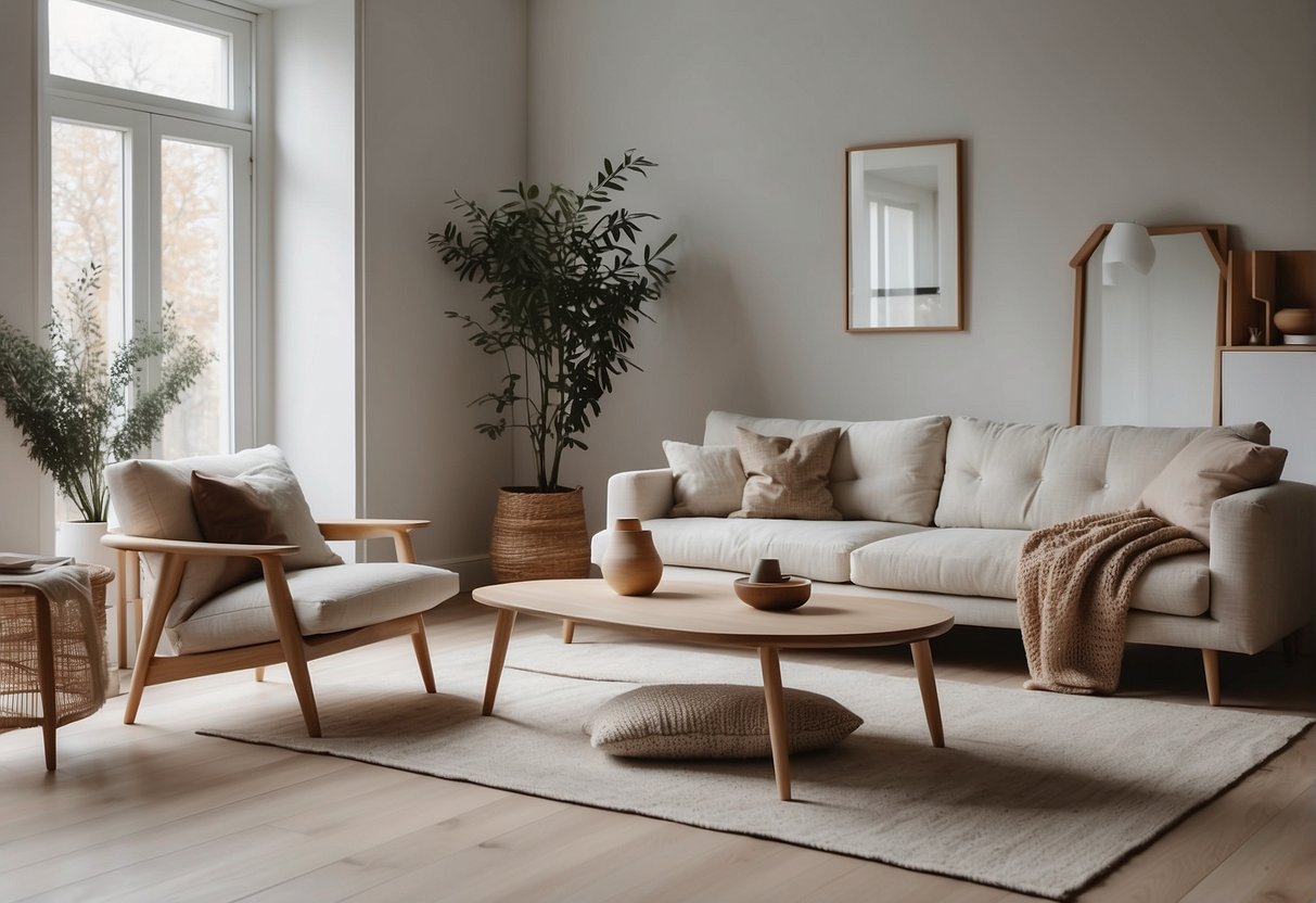 Clean lines, natural light, minimalist furniture, neutral colors, and cozy textiles create a serene and inviting atmosphere in a Scandinavian interior