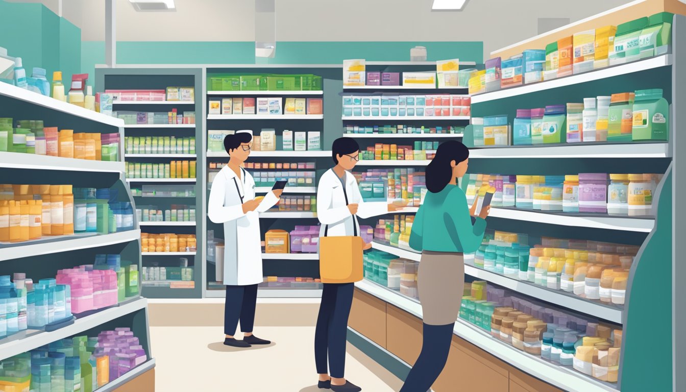A bustling pharmacy in Singapore displays shelves of Daneuron supplements, with a pharmacist assisting a customer at the counter
