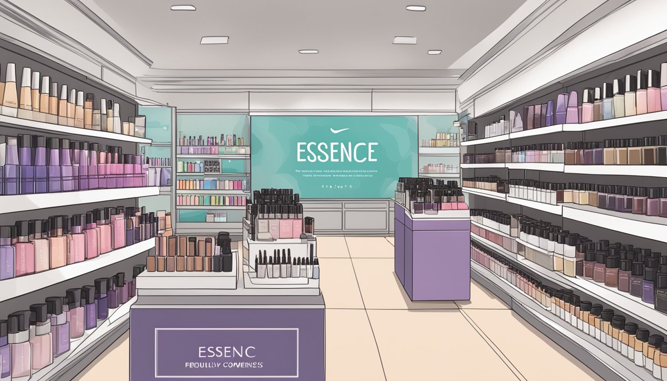 A display of Essence cosmetics at a Singapore retailer, with shelves neatly stocked and a sign indicating "Frequently Asked Questions" section
