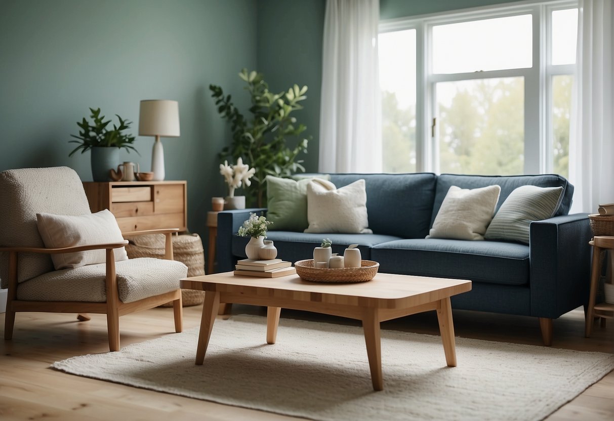 A cozy living room with light wood furniture, a plush white rug, and pops of muted blue and green accents. Textured materials like wool and natural fibers add depth to the space