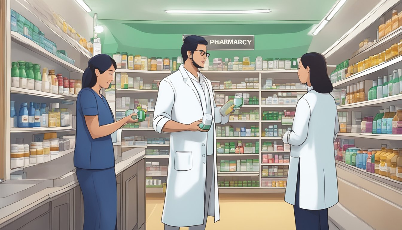 A person in a white lab coat handing a bottle of Daneuron to a customer at a pharmacy in Singapore