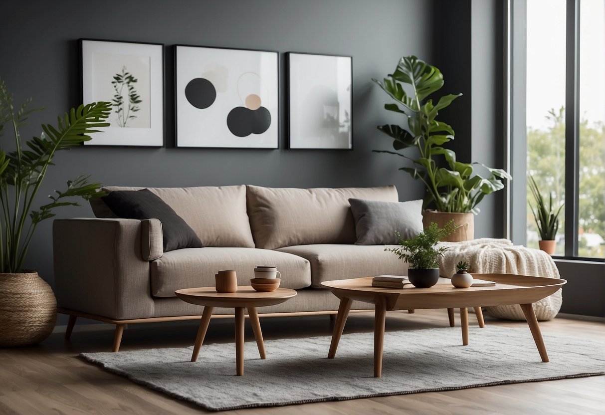 A minimalist living room with a sleek sofa, wooden coffee table, and cozy rug. A shelf displays decorative vases and plants, while a pendant light illuminates the space