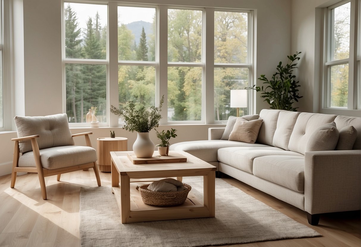 A cozy living room with light wood furniture, clean lines, and minimalistic decor. A large window lets in natural light, and a neutral color palette creates a calm and inviting atmosphere