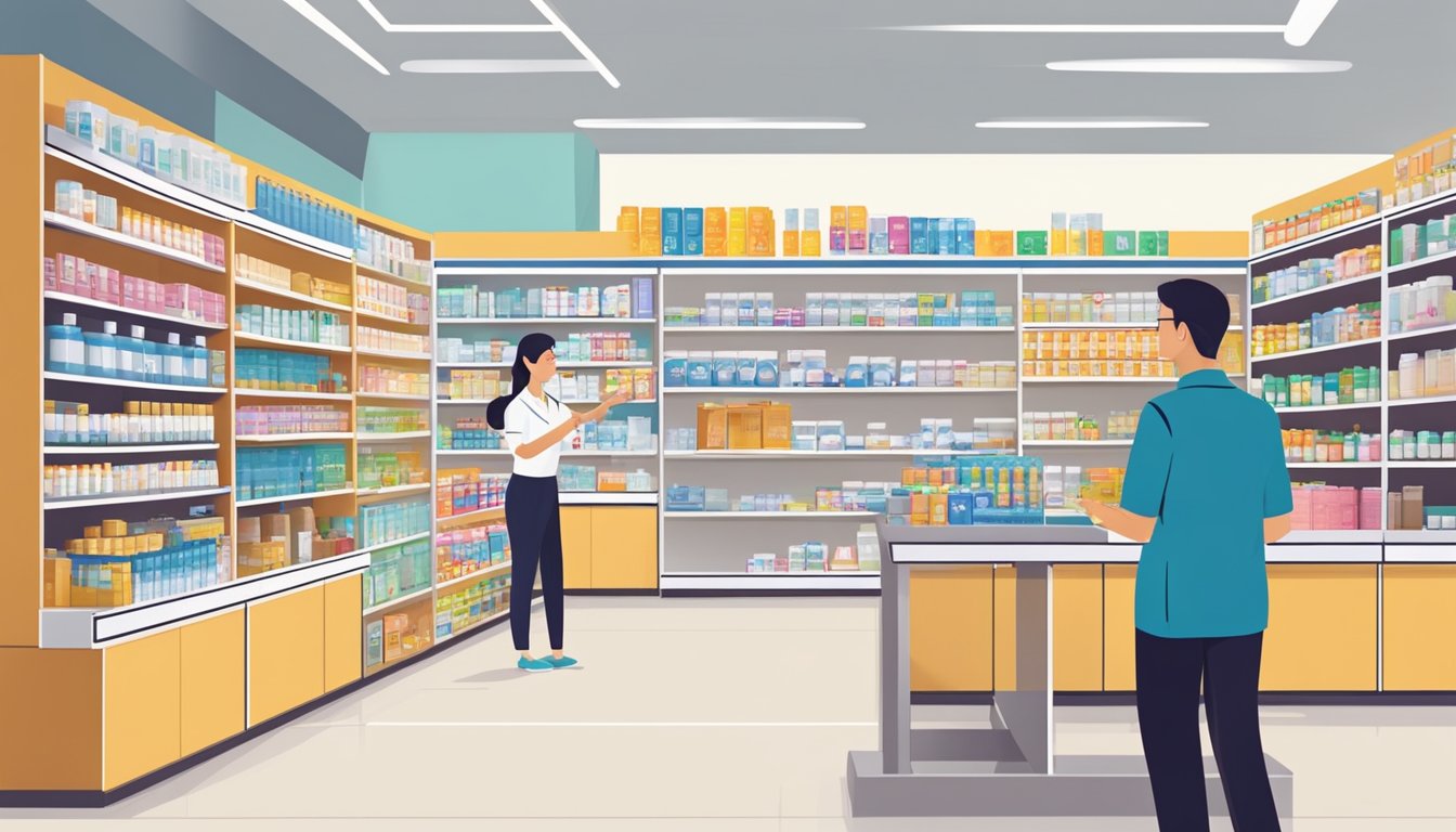 A bright and modern pharmacy in Singapore with shelves stocked with Daneuron supplements, a helpful staff member assisting a customer
