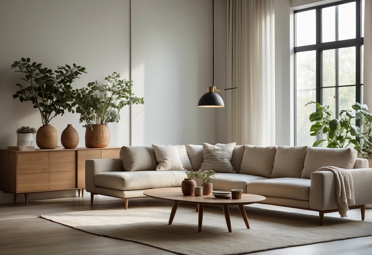 Clean lines, natural materials, and minimalistic furniture in a bright, airy space with neutral colors and cozy textures