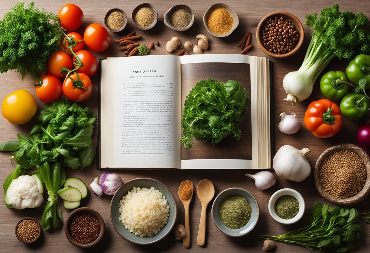 A kitchen counter with fresh vegetables, herbs, and spices laid out, alongside a cookbook open to Chinese recipes for cancer patients