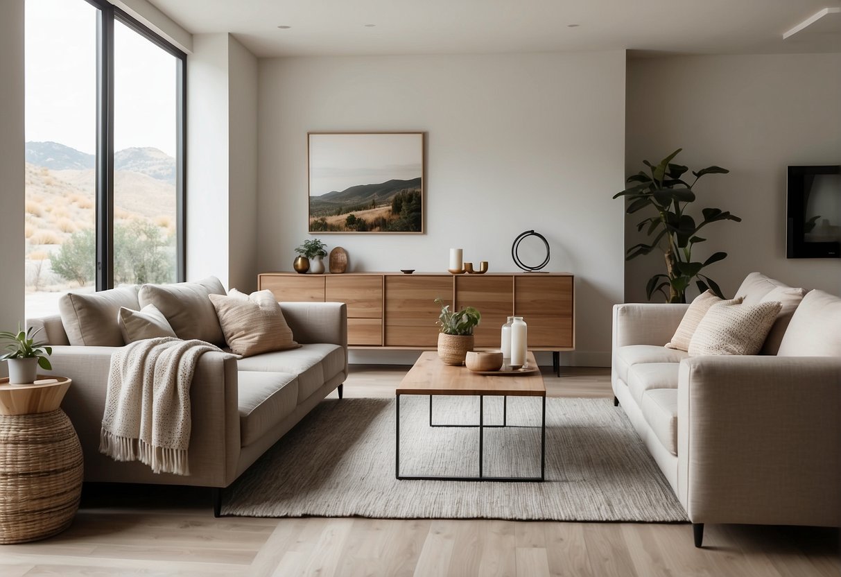 A cozy living room with minimalist furniture, natural light, and neutral colors. Clean lines and functional decor create a serene and inviting space