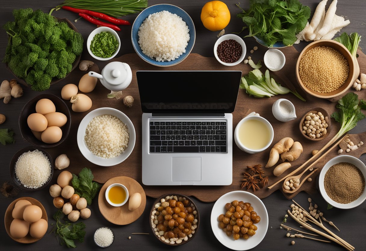 A table with a variety of Chinese ingredients and cooking utensils, with a laptop open to a webpage titled "Frequently Asked Questions: Chinese Recipes for Cancer Patients."