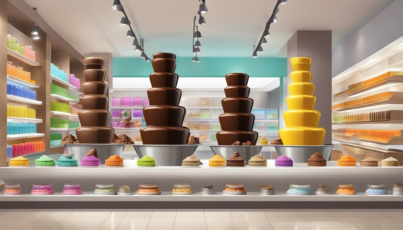 A display of various chocolate fountains in a bright, modern store in Singapore, with colorful packaging and enticing product descriptions