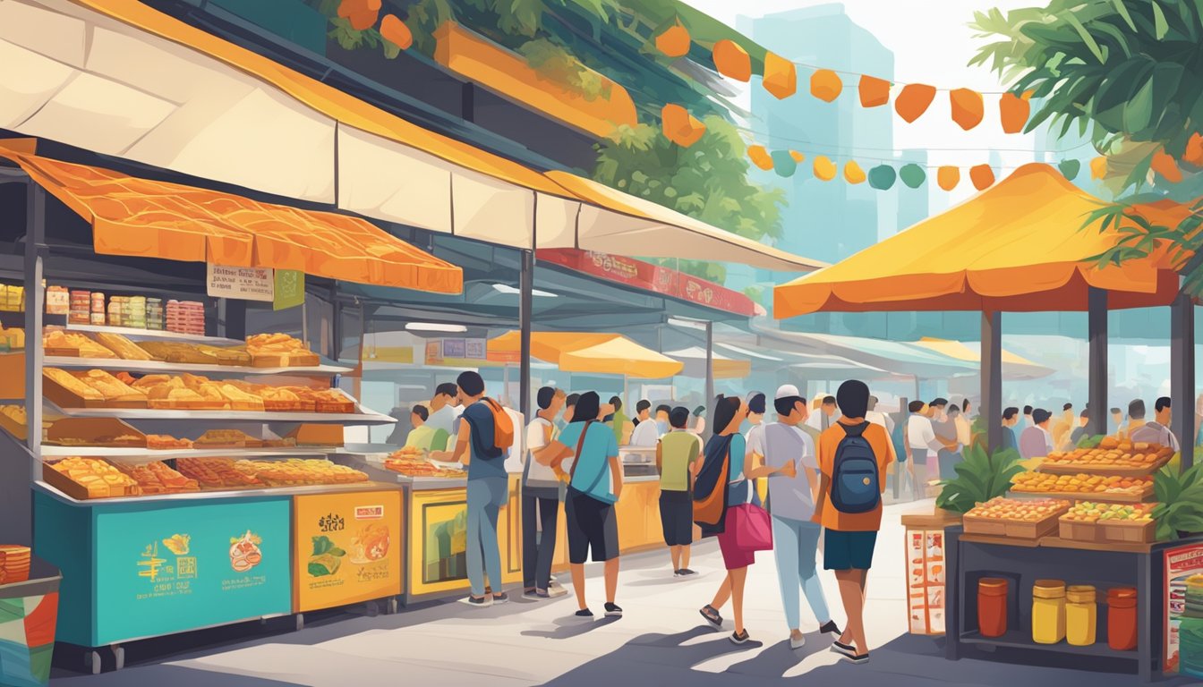 A bustling hawker center with colorful stalls selling iconic Singaporean snacks like kaya toast, pineapple tarts, and chili crab sauce in vibrant packaging