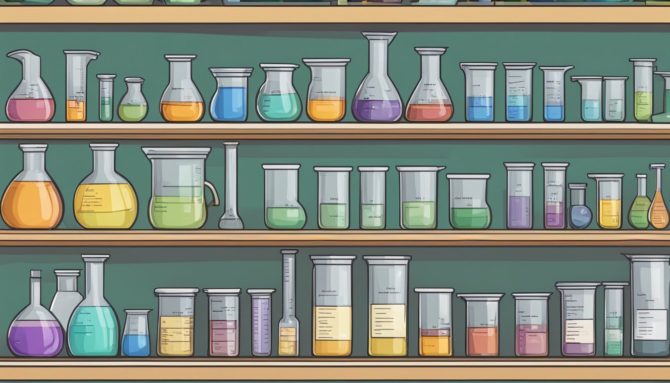 A shelf filled with various beaker sizes and shapes, labeled with prices and descriptions. Shelves neatly organized in a science supply store in Singapore