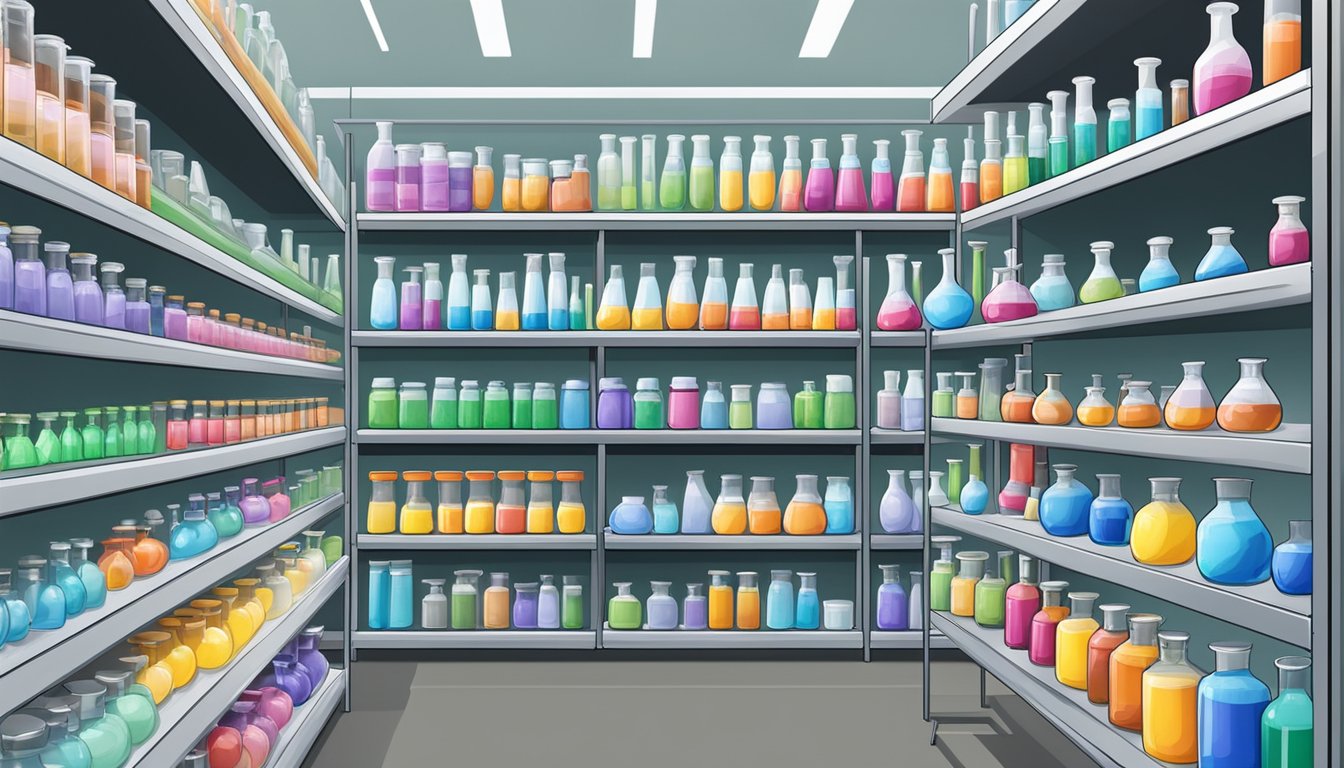 A laboratory supply store in Singapore displays shelves of beakers and other labware for sale