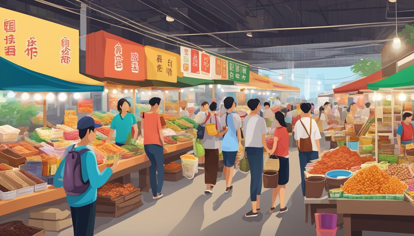 A bustling market in Singapore showcases colorful arrays of local snacks and delicacies, from traditional kaya jam to crispy bak kwa, perfect for souvenirs