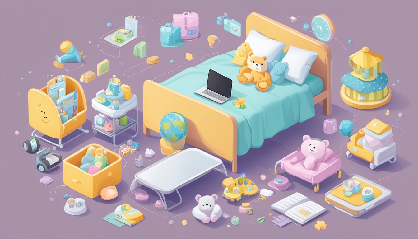 A baby cot surrounded by various baby products, with a laptop displaying "Frequently Asked Questions buy baby cot online singapore" on the screen