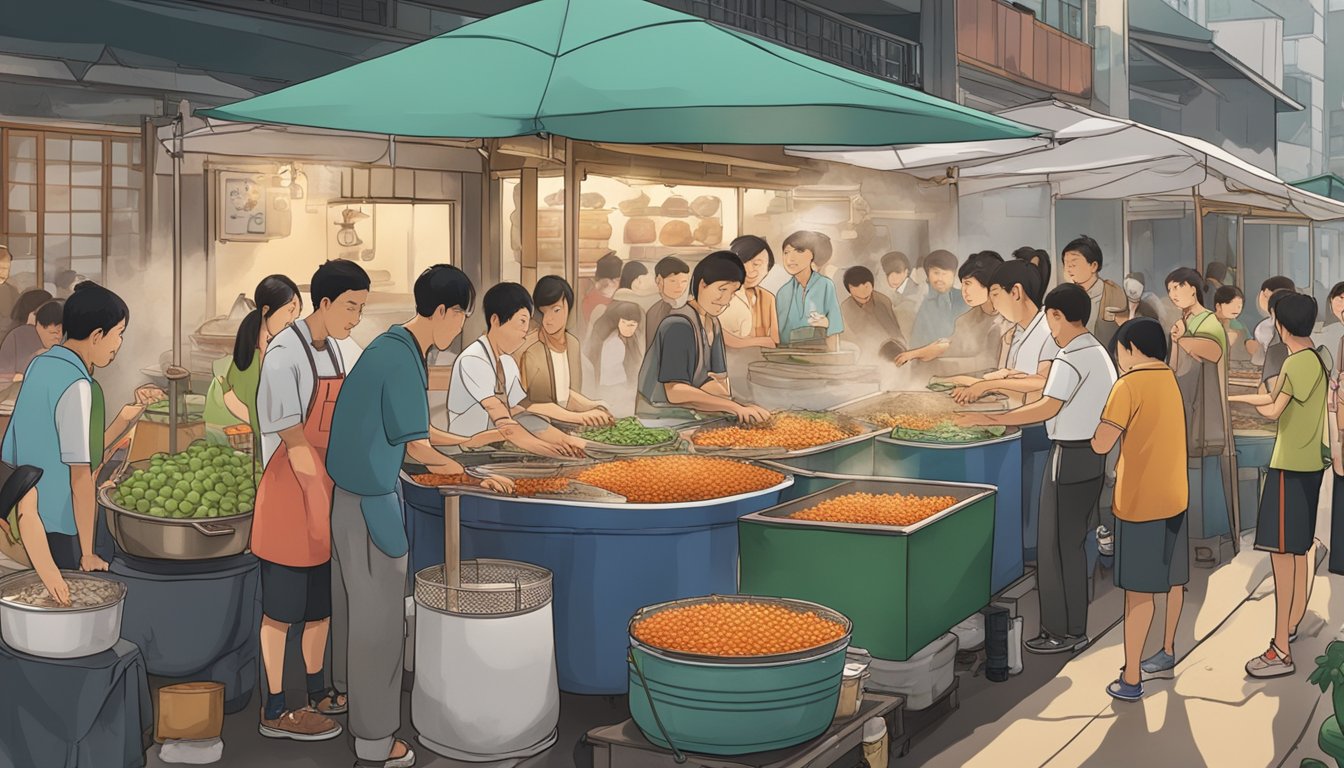 A bustling Singapore market stall sells fish balls with roe, displayed in a steaming pot, surrounded by eager customers