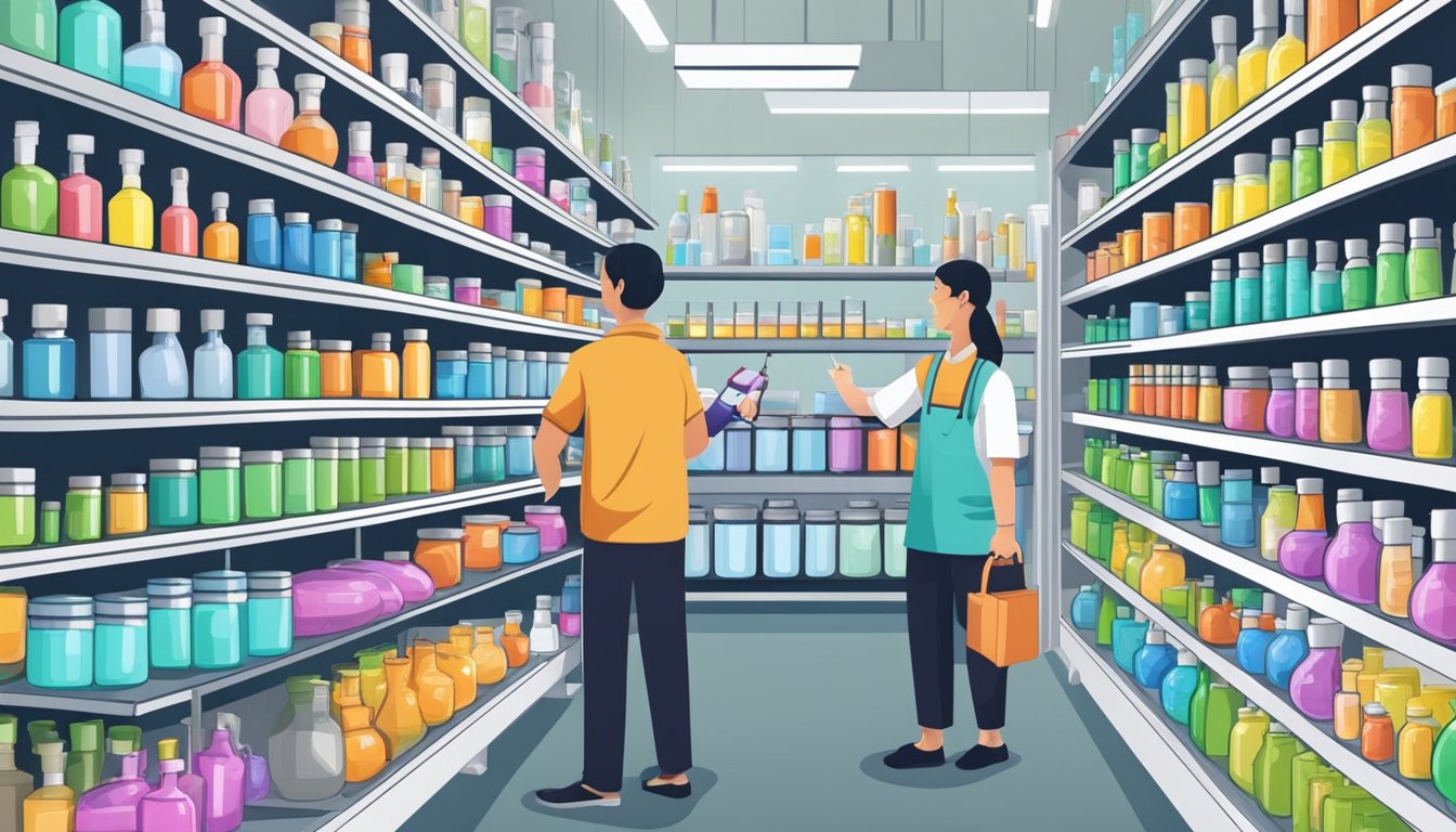 A laboratory supply store in Singapore with shelves stocked full of beakers in various sizes and shapes. Customers browsing and a helpful staff member assisting