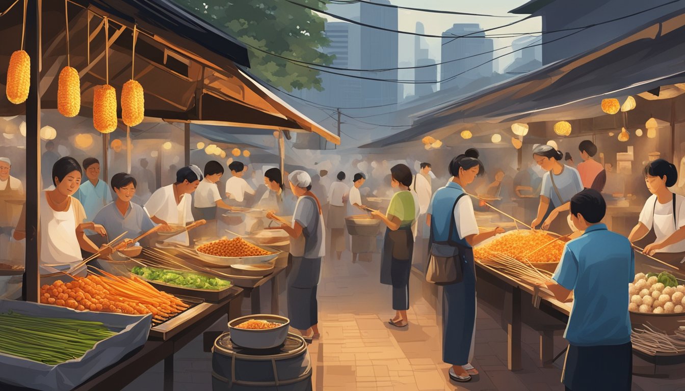 A bustling Singapore street market, with vendors expertly skewering fish ball with roe onto bamboo sticks, sizzling over hot coals. Aromatic steam rises, enticing passersby with the savory scent of this local delicacy