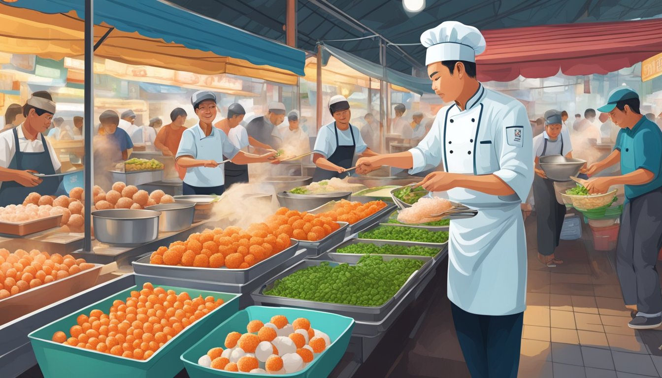 A chef prepares and serves fish ball with roe in a bustling Singapore market, surrounded by colorful stalls and eager customers