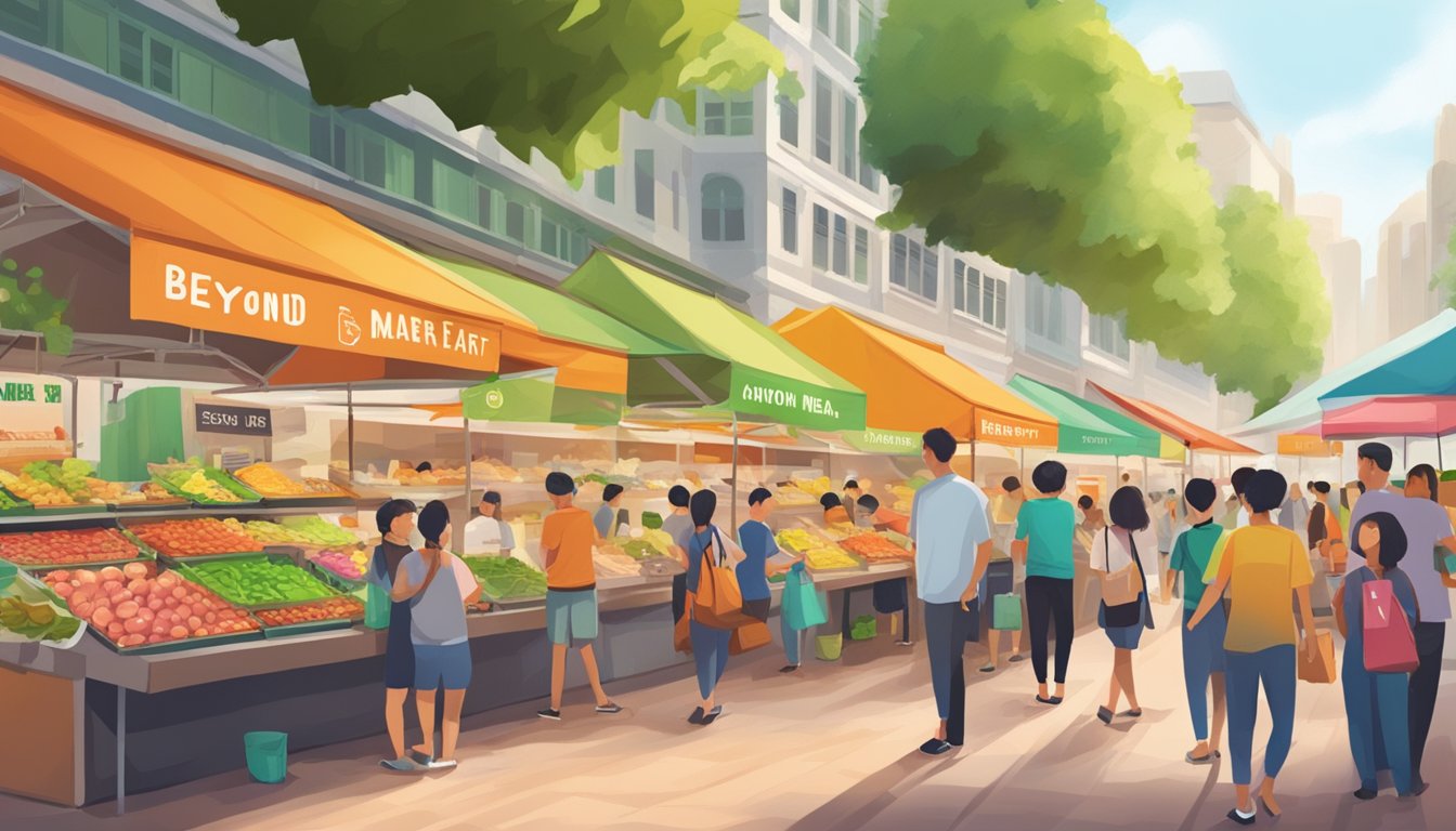 A bustling Singapore market with colorful signs advertising "Beyond Meat" at various food stalls, with eager customers sampling and purchasing the plant-based products