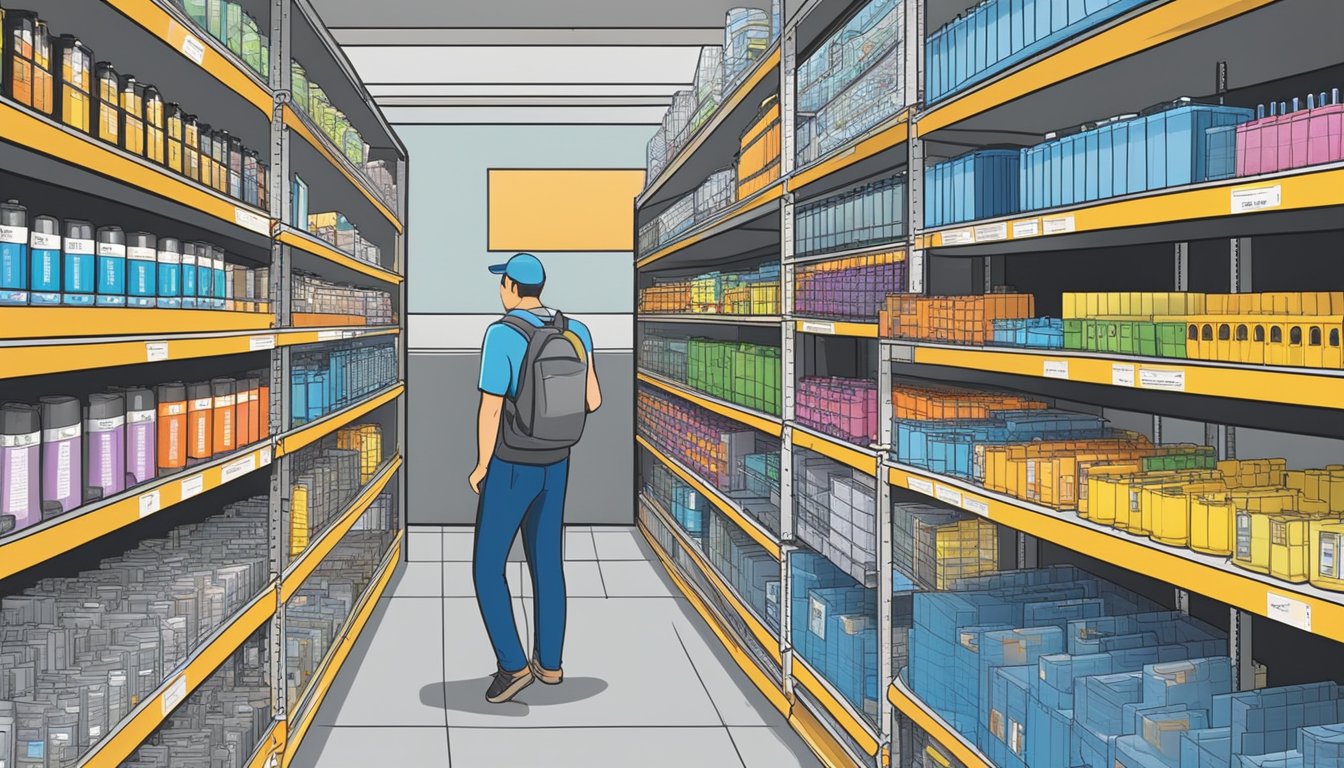 A customer browsing through rows of coaxial cables at a hardware store in Singapore. Shelves are neatly organized with various brands and lengths