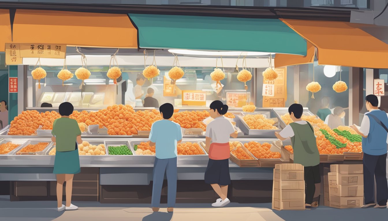 A bustling Singaporean market stall sells fish ball with roe, as customers inquire about the sought-after delicacy