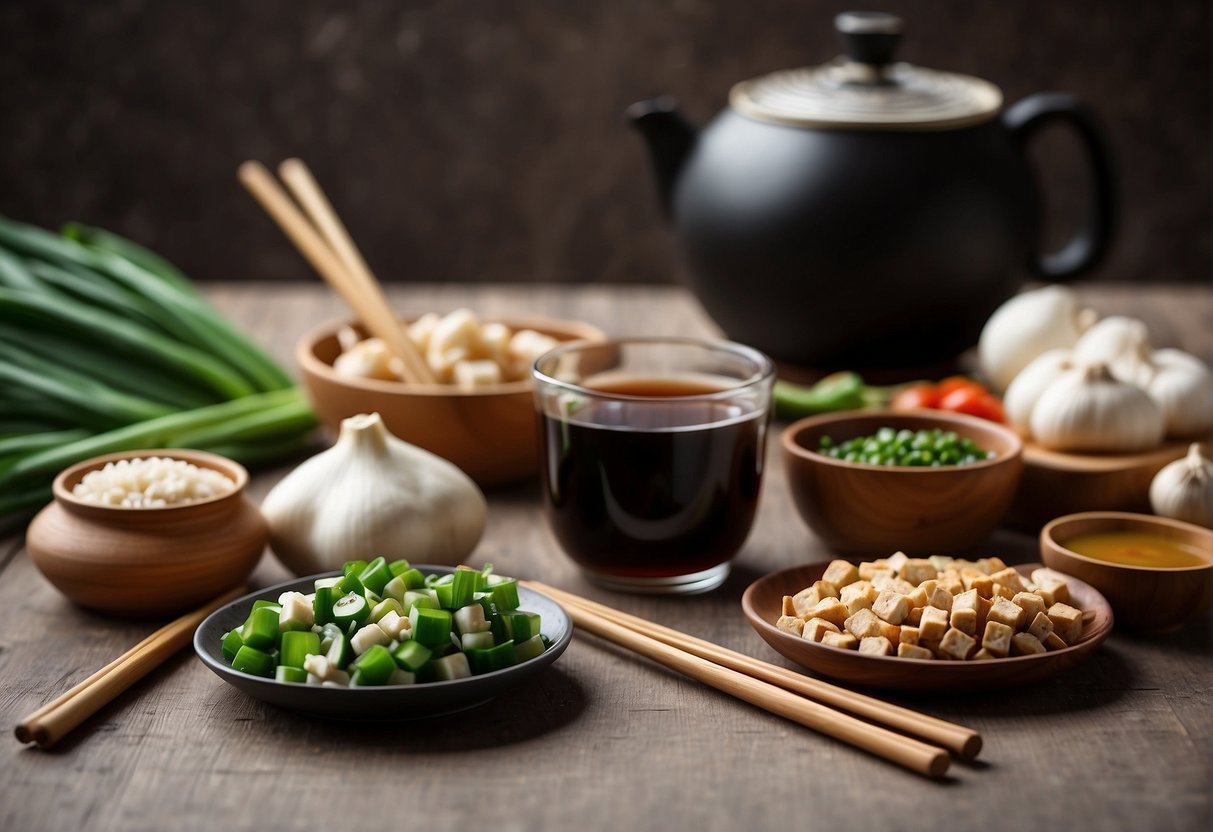 A table with various Chinese cooking ingredients: soy sauce, ginger, garlic, green onions, and tofu. A wok, chopsticks, and a colorful recipe book for kids