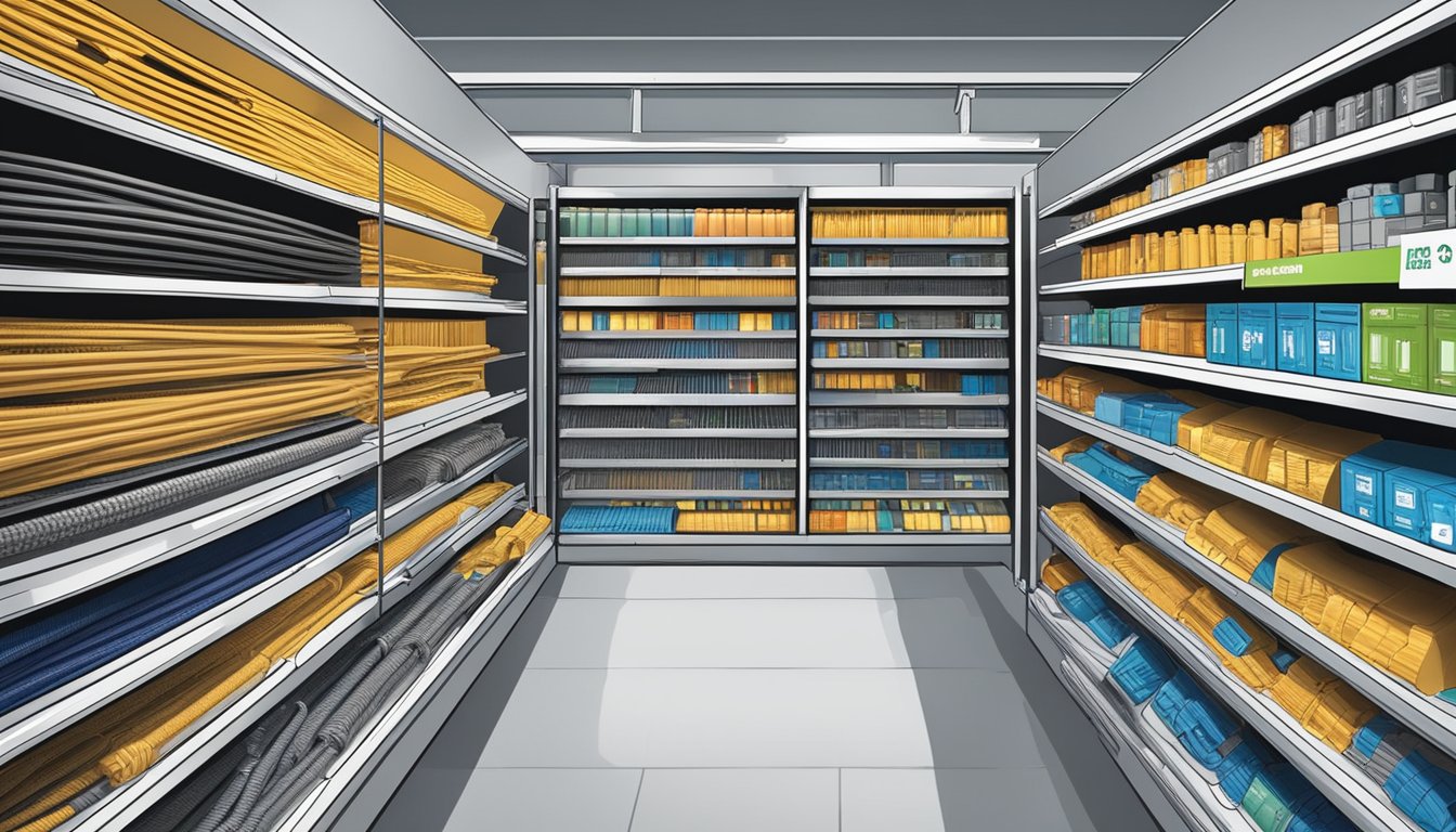 A display of various coaxial cables on shelves with a sign reading "Frequently Asked Questions: Where to buy coaxial cable in Singapore."