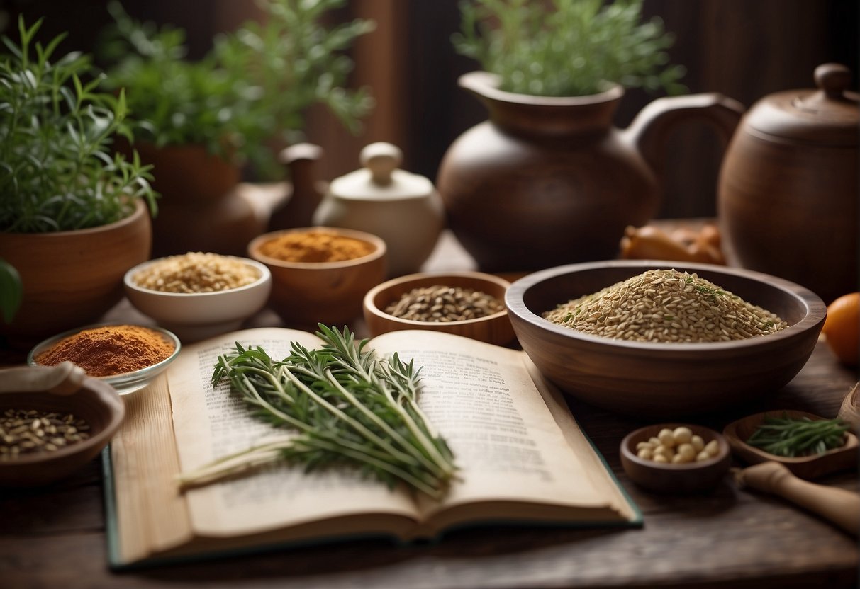 A table set with various herbs, spices, and cooking utensils, with a book on Traditional Chinese Medicine open to a page on post-surgery recovery recipes