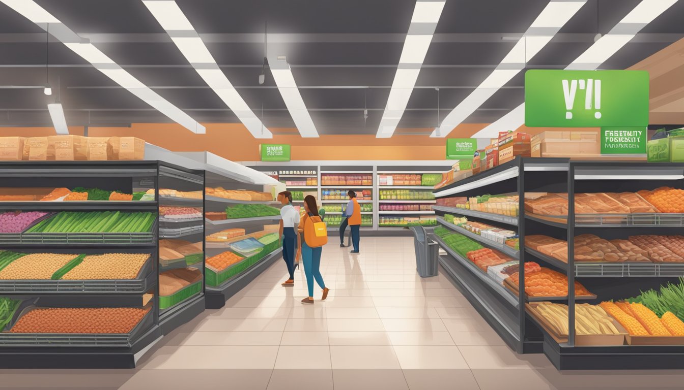 A busy grocery store aisle with shelves stocked with Beyond Meat products, customers browsing and a prominent "Frequently Asked Questions" sign