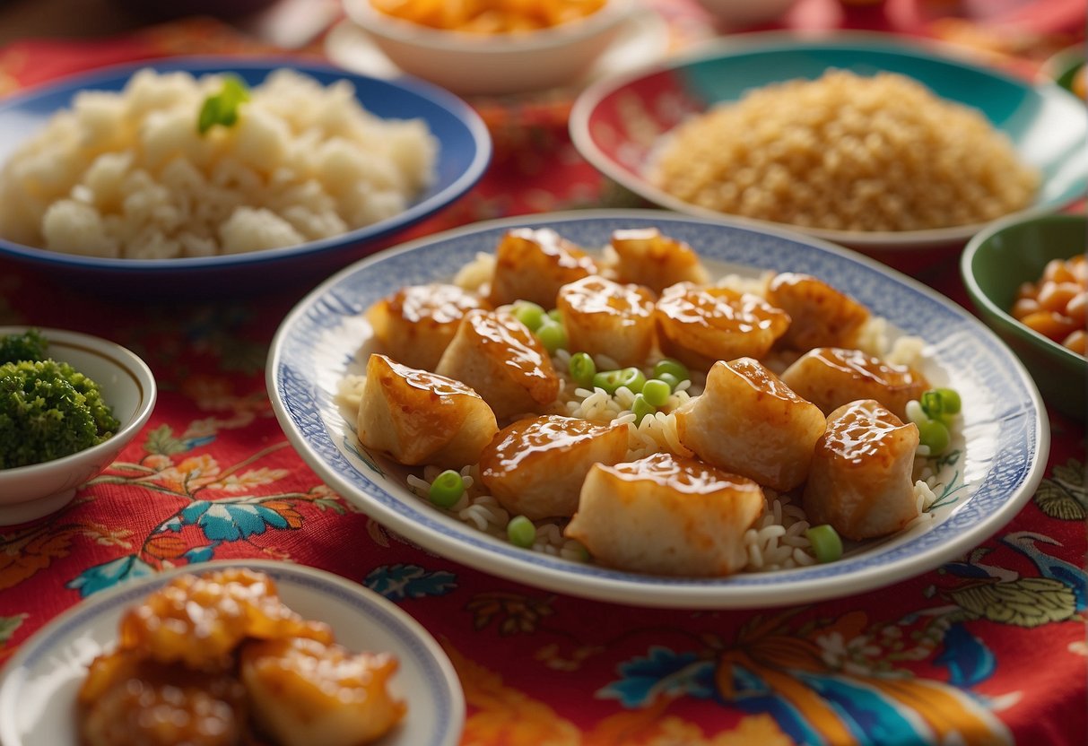 A colorful spread of kid-friendly Chinese dishes, including dumplings, fried rice, and sweet and sour chicken, arranged on a vibrant tablecloth