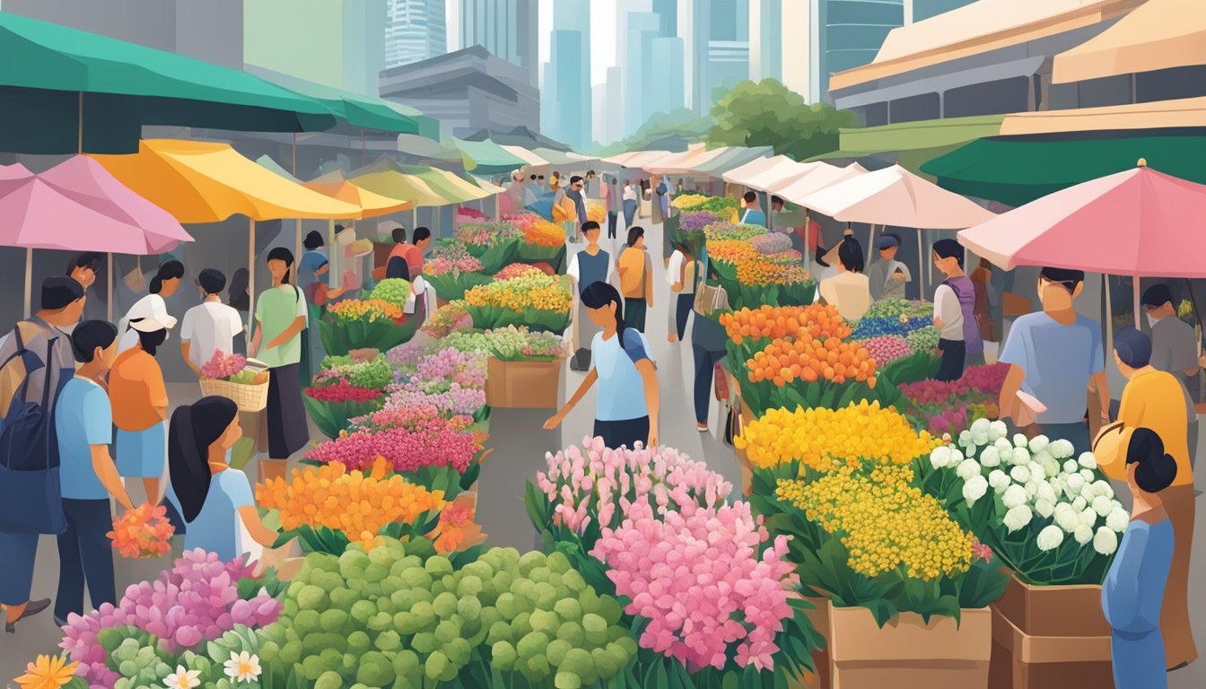 A bustling flower market in Singapore with vibrant blooms and bustling vendors