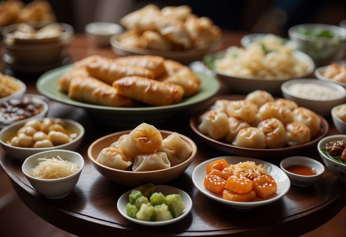A table spread with various Chinese snacks and finger foods, including dumplings, spring rolls, and baozi, arranged in an appetizing display