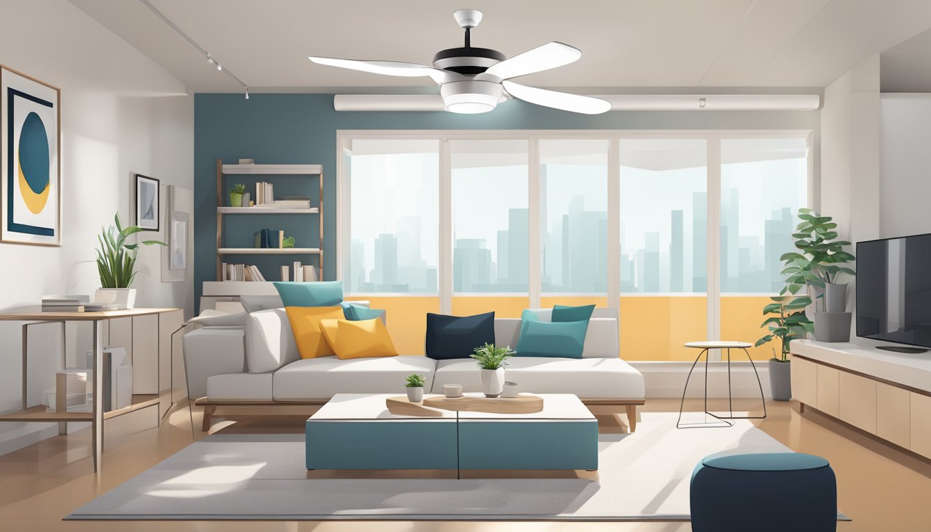 A modern interior with a sleek, bladeless ceiling fan hanging from the ceiling, surrounded by contemporary furniture and clean, minimalist decor