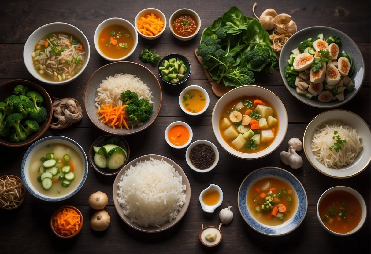 A table set with various Chinese dishes, including soups, steamed vegetables, and rice. A bowl of healing herbal soup takes center stage
