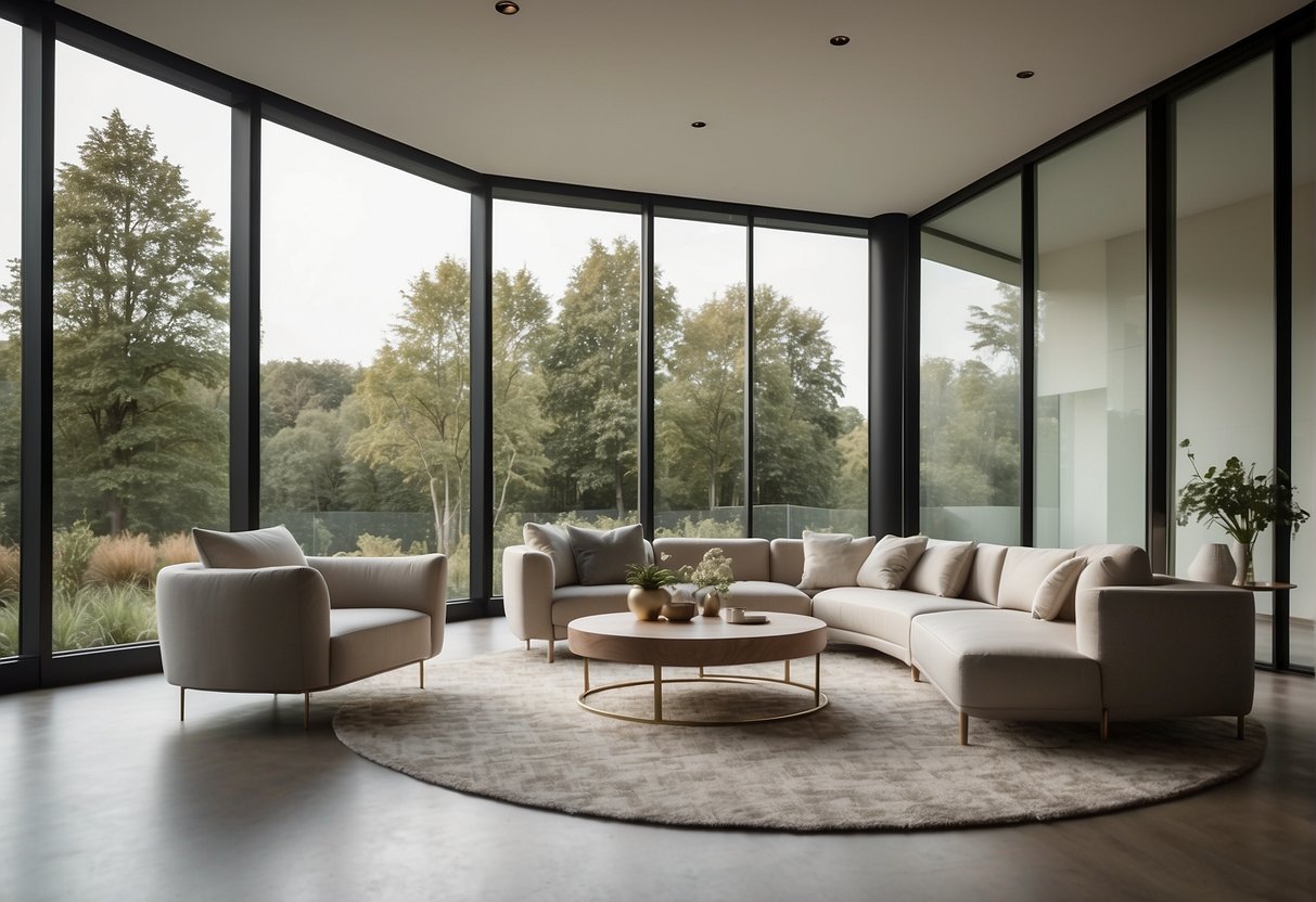 A spacious room with clean lines, neutral colors, and sleek furniture. Large windows allow natural light to fill the space, creating a sense of calm and simplicity