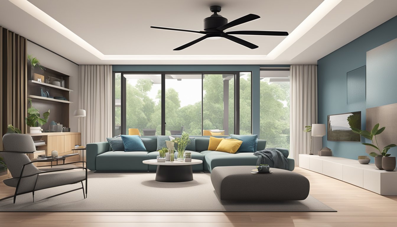 A modern interior with a bladeless ceiling fan hanging from the center, surrounded by sleek furniture and minimalist decor