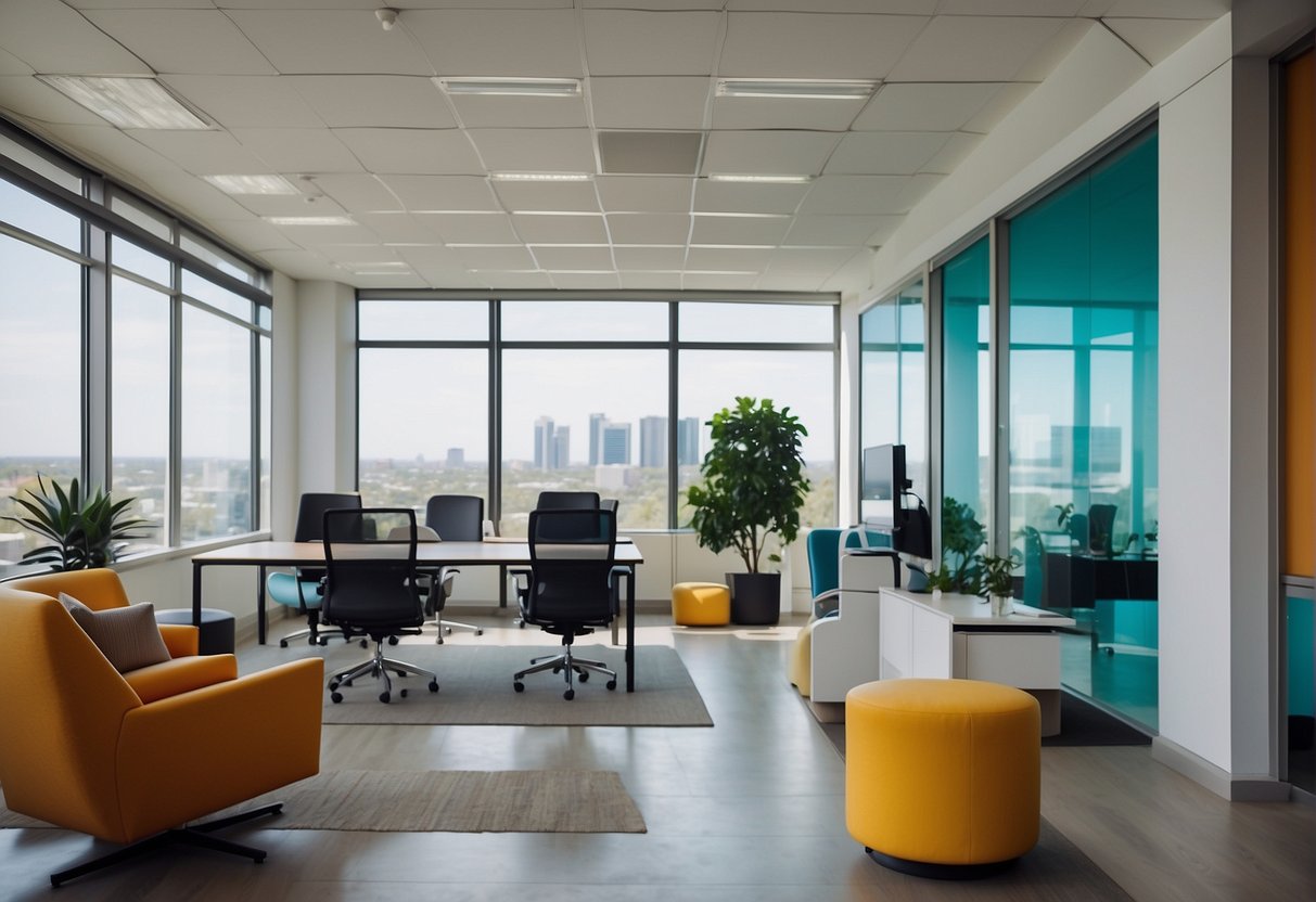 An airy, modern office space with sleek furniture and vibrant pops of color. A large window lets in natural light, highlighting the clean lines and contemporary design elements