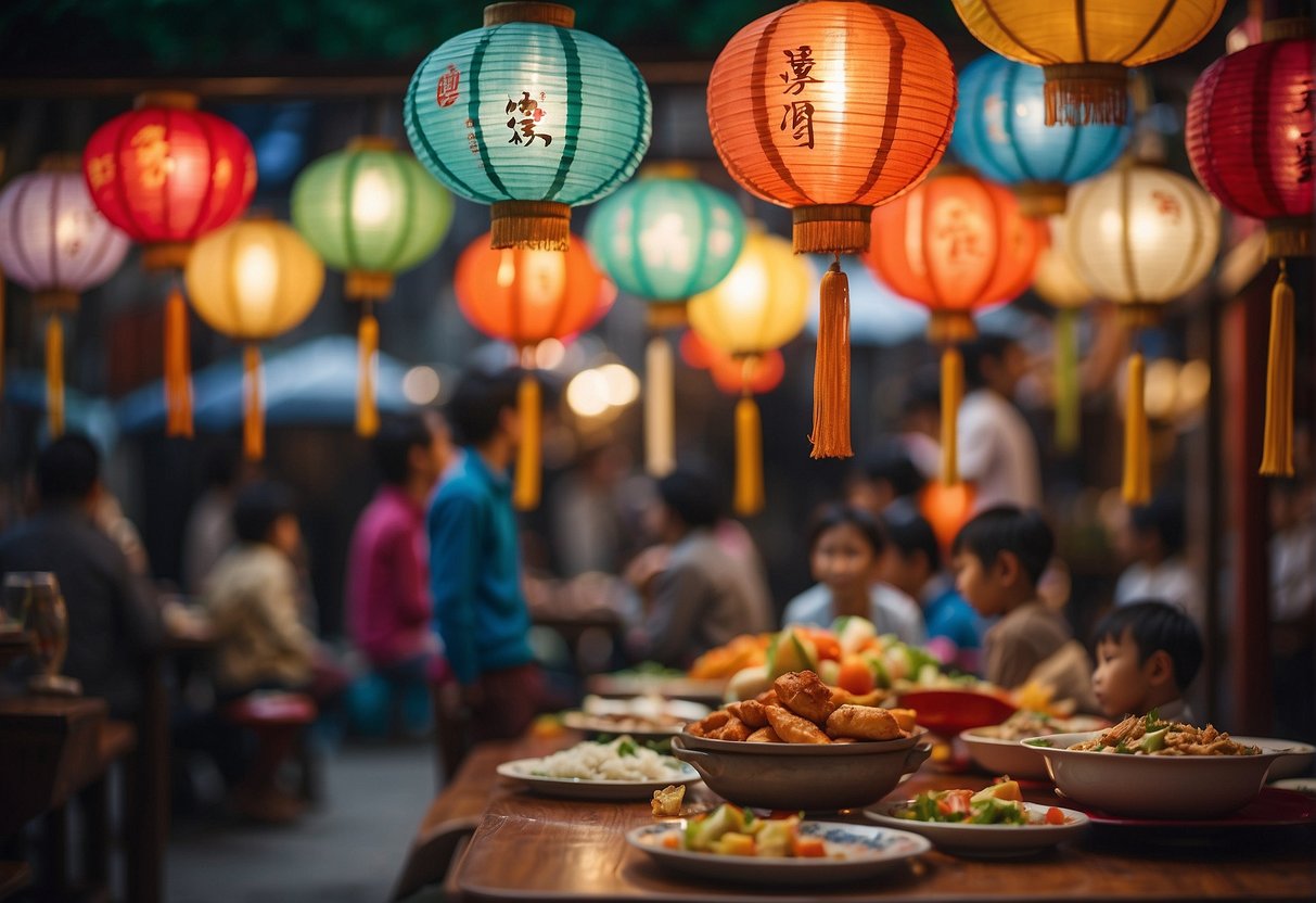 Colorful lanterns hang above a table filled with traditional Chinese dishes, surrounded by joyful children
