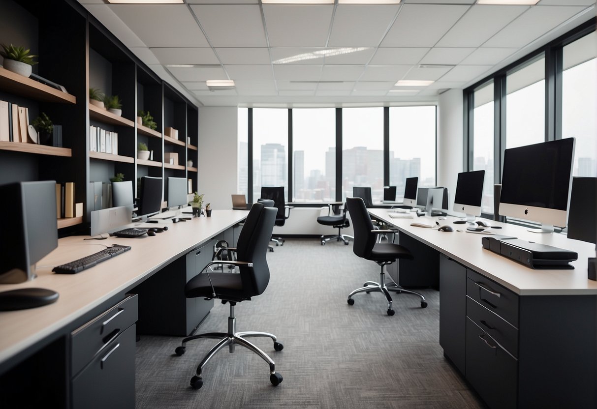 A modern, sleek office space with clean lines, vibrant pops of color, and innovative furniture arrangements. The space exudes professionalism and creativity, with a focus on functionality and style