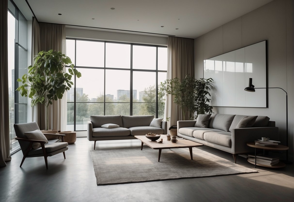 A sleek, modern living room with clean lines, muted tones, and minimalist furniture. A large window allows natural light to fill the space, highlighting the expertly designed interior