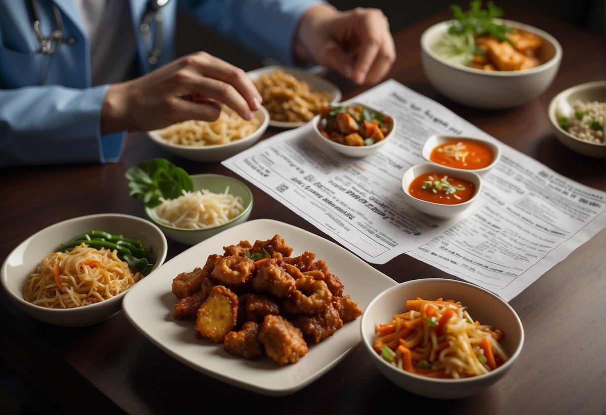 A table with various Chinese dishes: fried foods, spicy dishes, and greasy stir-fries. A doctor's hand points to a list of "Foods to Avoid During Recovery" on a pamphlet