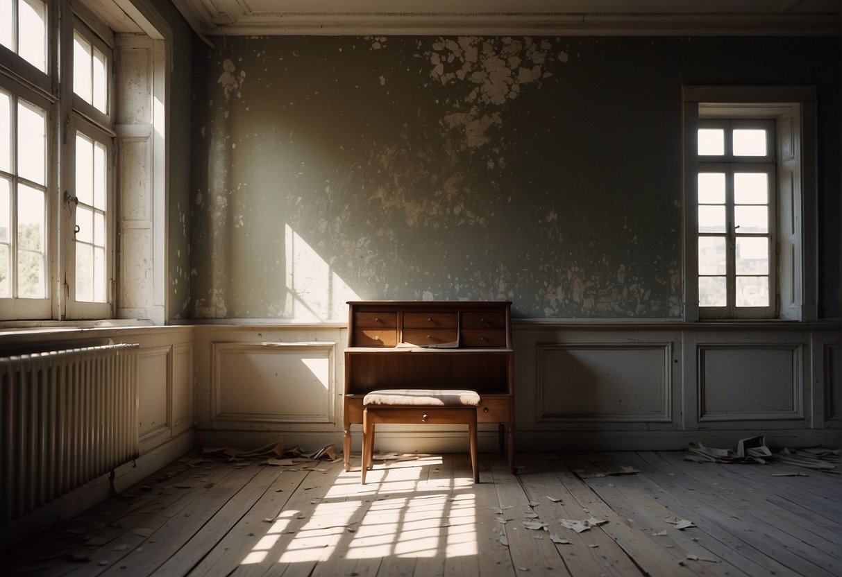 A room with peeling wallpaper, old furniture, and chipped paint. Sunlight streams in through a window, casting shadows on the worn floorboards. A mood board on the wall displays renovation ideas
