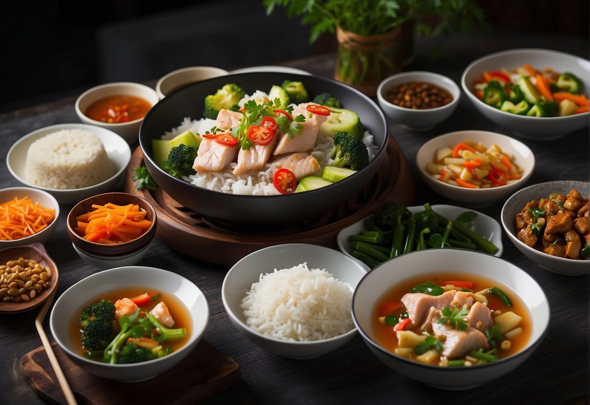 A table set with a variety of colorful and nutritious Chinese dishes, including steamed fish, vegetable stir-fry, and rice, with chopsticks and a bowl of hot soup on the side