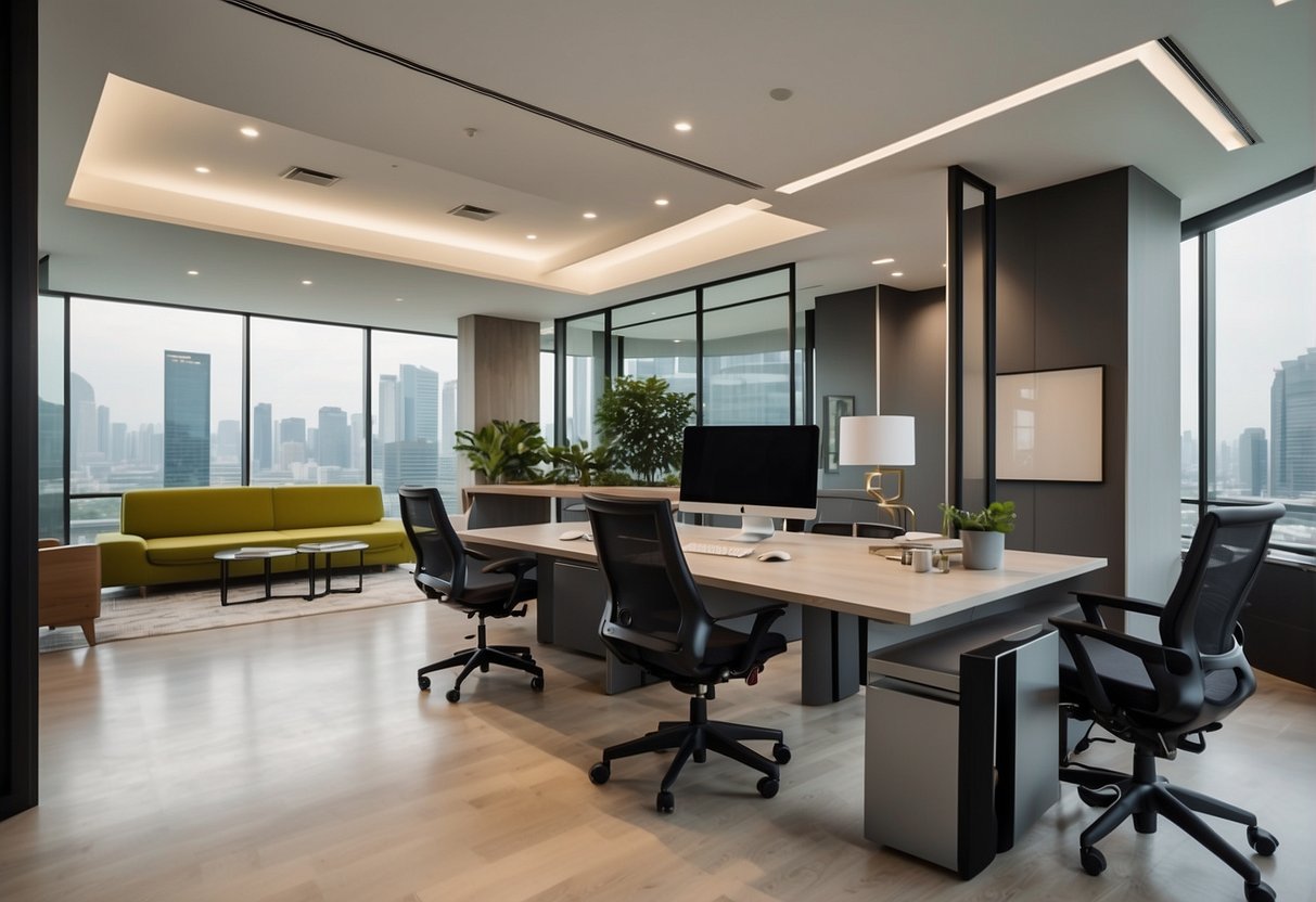 The modern office space features sleek furniture, vibrant accent walls, and ample natural light, showcasing Commercial Interior Design Excellence's Singapore office
