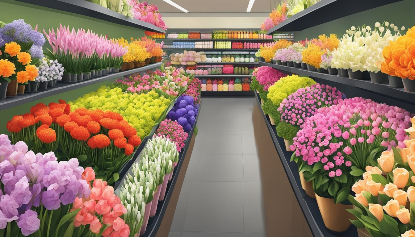 A colorful array of fresh flowers fills the shelves at "Choosing the Perfect Blooms" in Singapore. The fragrant blooms are neatly arranged in buckets and vases, creating a vibrant and inviting display for customers